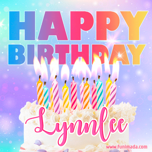 A vibrant animated name GIF with the words 'Happy Birthday Lynnlee' with colorful candles on a creamy cake. The background sparkles with pastel shades, adding a festive touch.