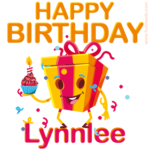 A vibrant and funny gift box character with a happy face dancing with a cupcake and the text 'Happy Birthday Lynnlee,' surrounded by animated confetti and party vibes.