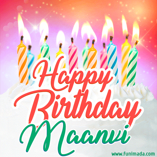 Bright birthday candles with rainbow flames on a cake, alongside the text 'Happy Birthday Maanvi' in vibrant script in this celebratory animated GIF.
