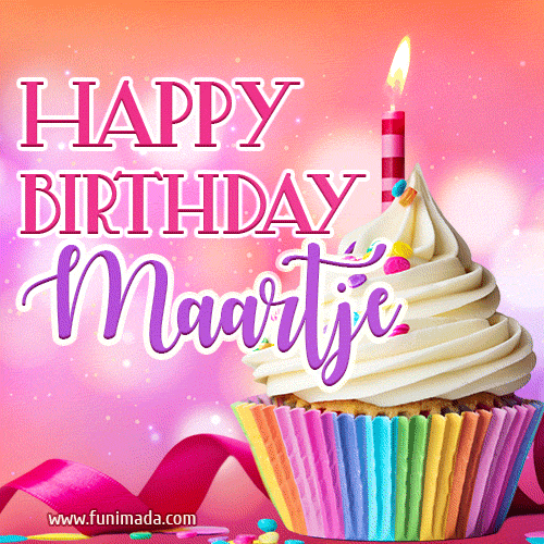 A vibrant birthday GIF featuring a rainbow-colored cupcake topped with white frosting, sprinkles, and a lit candle. The text reads 'Happy Birthday Maartje' in bold pink and violet letters with white outline.