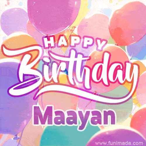 A vibrant name GIF featuring colorful balloons in shades of pink, orange, and yellow with the bold text 'Happy Birthday Maayan' in festive fonts, creating a lively birthday vibe.