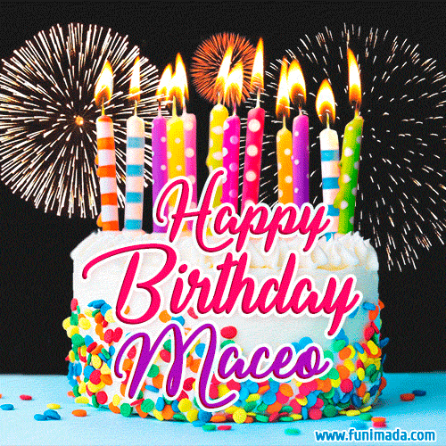 Amazing Animated GIF Image for Maceo with Birthday Cake and Fireworks