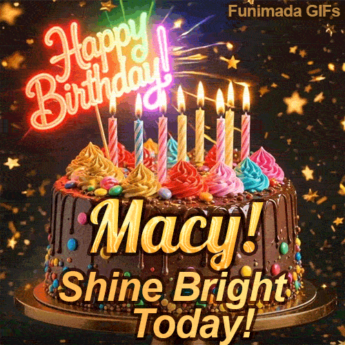 Cute chocolate cake animation with Macy's name, decorated with glowing birthday candles and multicolored icing.