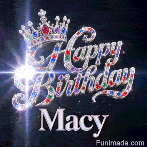 A luxury silver queen crown with colorful gems sitting on top of shiny diamond-encrusted cursive letters spelling Happy Birthday.Macy