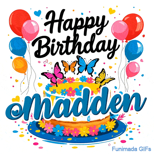 Brightly colored butterflies and little flower decorations on a white drip cake, designed as a birthday GIF for Madden.