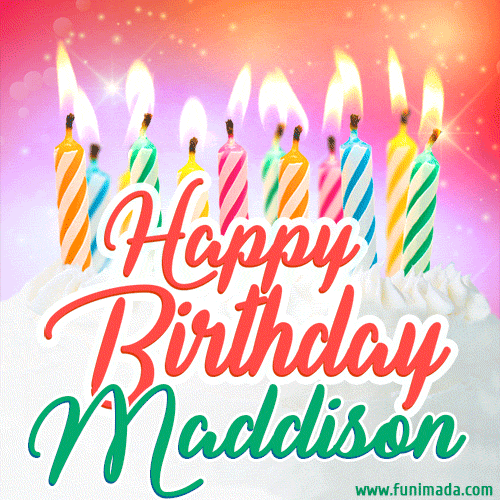 Happy Birthday GIF for Maddison with Birthday Cake and Lit Candles