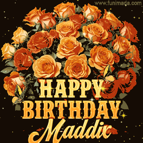 Animated bouquet of orange roses with moving butterfles and golden 'Happy Birthday Maddix' text, surrounded by sparkling accents and a dark backdrop for a luxurious feel.