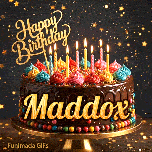 Festive chocolate birthday cake decorated with colorful frosting and candles under sparkling golden stars, personalized for Maddox.