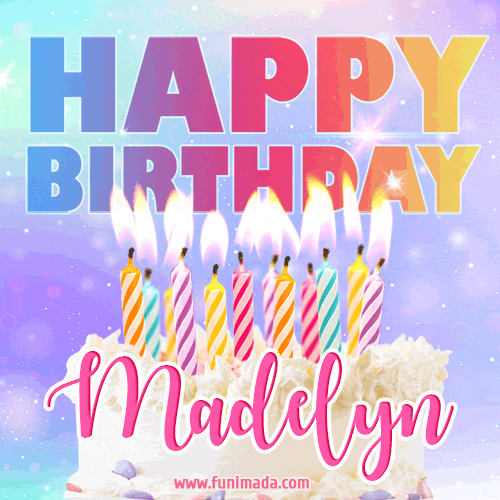 Animated Happy Birthday Cake with Name Madelyn and Burning Candles