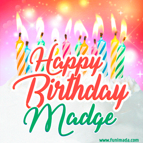 Happy Birthday GIF for Madge with Birthday Cake and Lit Candles