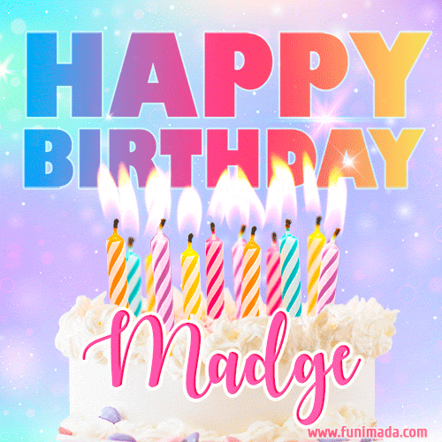 Animated Happy Birthday Cake with Name Madge and Burning Candles
