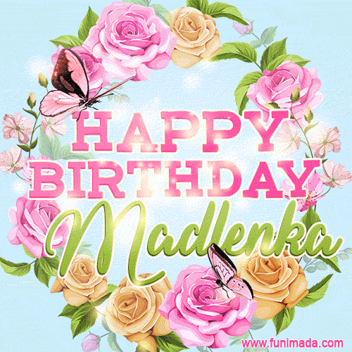 Beautiful Birthday Flowers Card for Madlenka with Glitter Animated Butterflies