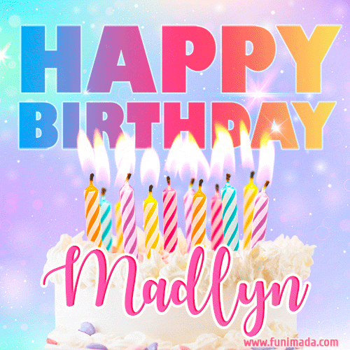 Animated Happy Birthday Cake with Name Madlyn and Burning Candles
