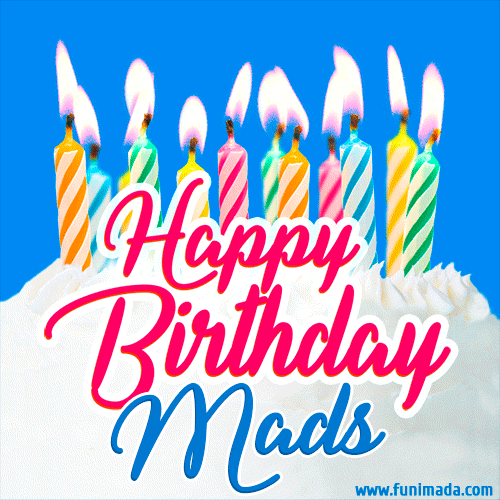 Happy Birthday GIF for Mads with Birthday Cake and Lit Candles