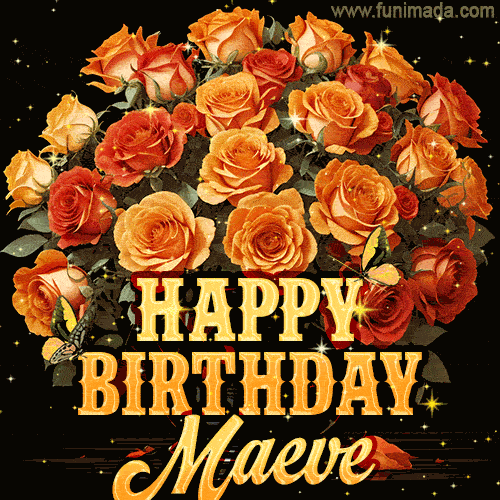 Beautiful bouquet of orange and red roses for Maeve, golden inscription and twinkling stars