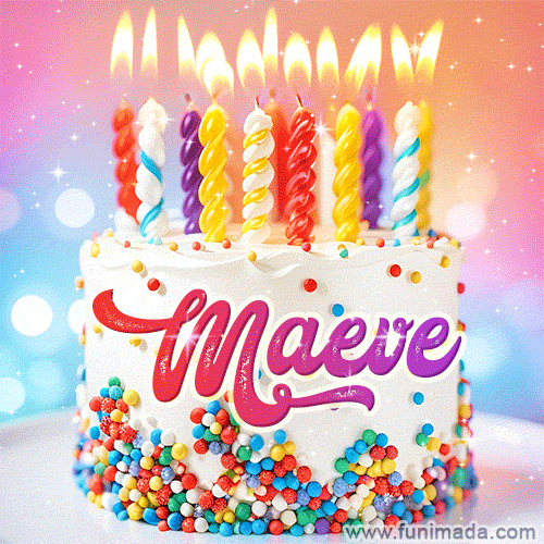 Personalized for Maeve elegant birthday cake adorned with rainbow sprinkles, colorful candles and glitter