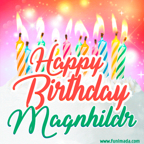 Happy Birthday GIF for Magnhildr with Birthday Cake and Lit Candles
