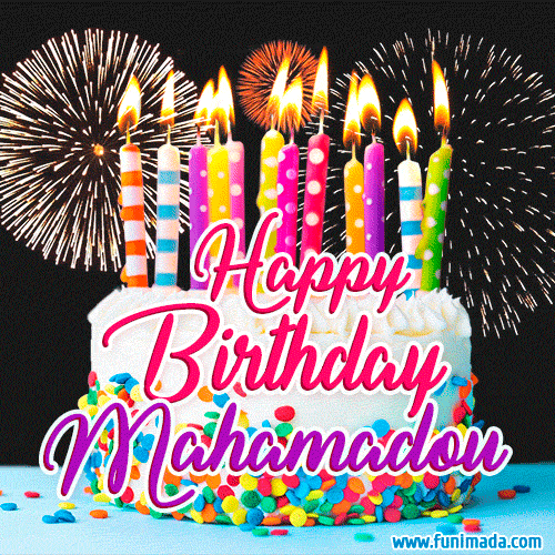 Amazing Animated GIF Image for Mahamadou with Birthday Cake and Fireworks