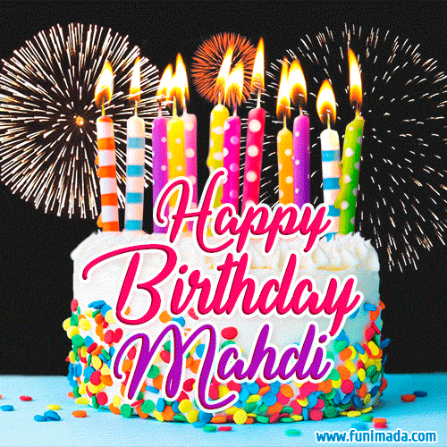 Amazing Animated GIF Image for Mahdi with Birthday Cake and Fireworks