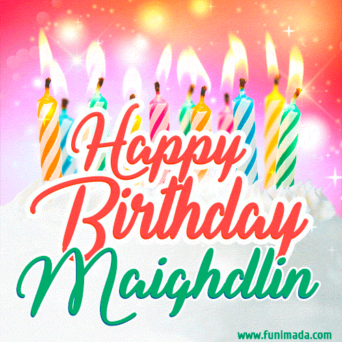 Happy Birthday GIF for Maighdlin with Birthday Cake and Lit Candles