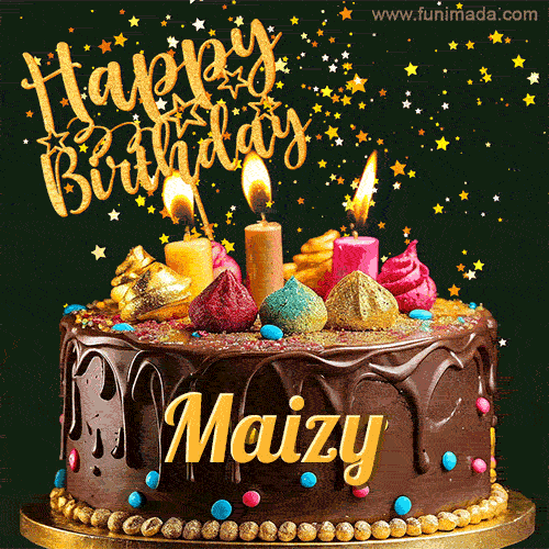 A delightful chocolate birthday cake with bright candles and 'Happy Birthday Maizy' written in gold amidst a shower of animated stars.