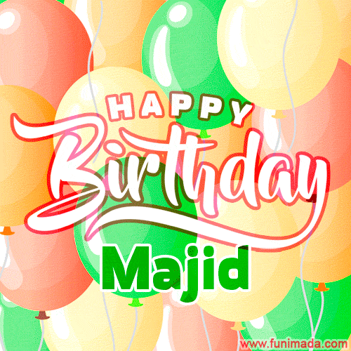 Happy Birthday Image for Majid. Colorful Birthday Balloons GIF Animation.