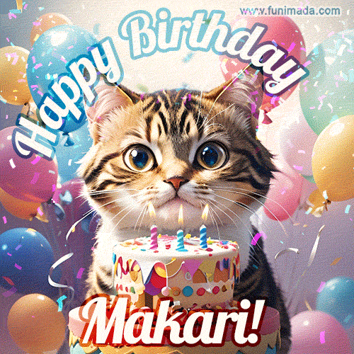 Happy birthday gif for Makari with cat and cake