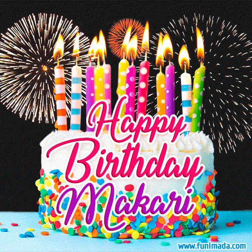 Amazing Animated GIF Image for Makari with Birthday Cake and Fireworks