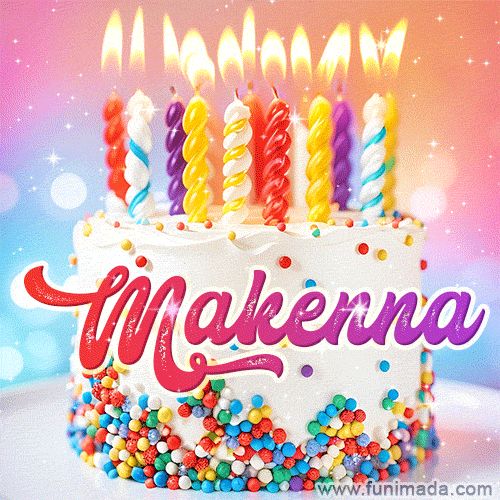 Personalized for Makenna elegant birthday cake adorned with rainbow sprinkles, colorful candles and glitter