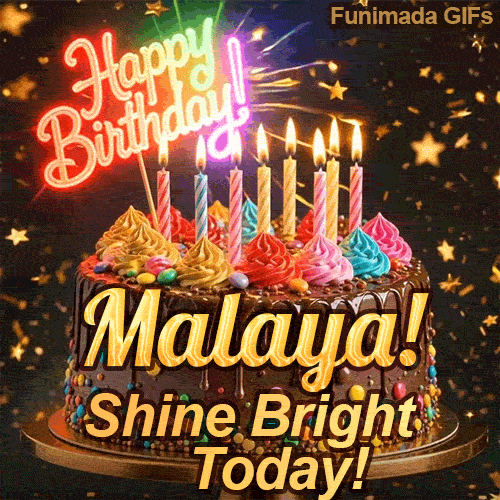 Close-up of a decorative chocolate cake with a glowing neon Happy Birthday sign and warm candle flames, made for Malaya.