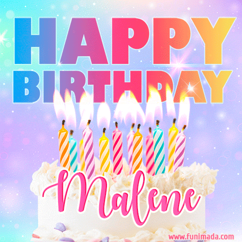 Animated Happy Birthday Cake with Name Malene and Burning Candles