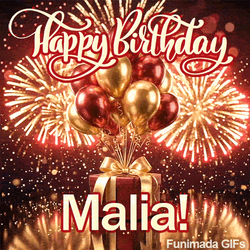 Happy Birthday Malia animated GIF displaying a red gift box with a golden ribbon and shiny metallic balloons.