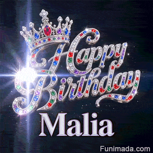Detailed view of colorful red, blue, and green gemstones embedded in a silver tiara above Malia's name.