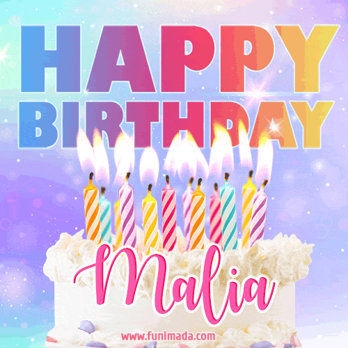 Animated Happy Birthday Cake with Name Malia and Burning Candles