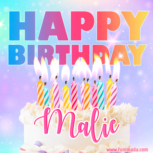 Animated Happy Birthday Cake with Name Malie and Burning Candles