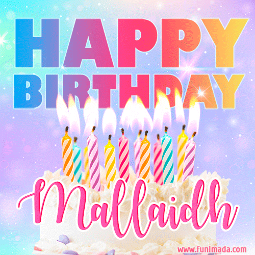 Animated Happy Birthday Cake with Name Mallaidh and Burning Candles