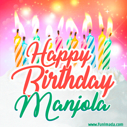 Happy Birthday GIF for Manjola with Birthday Cake and Lit Candles