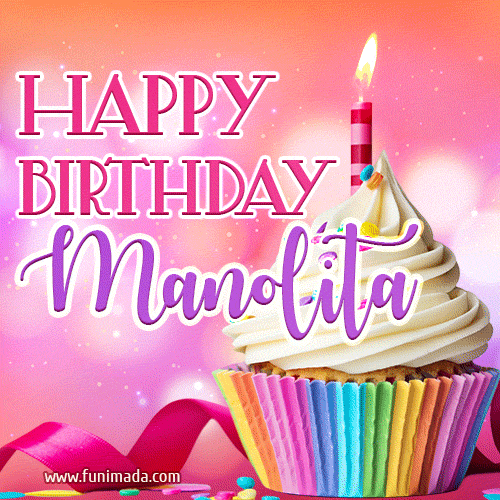 A vibrant birthday GIF featuring a rainbow-colored cupcake topped with white frosting, sprinkles, and a lit candle. The text reads 'Happy Birthday Manolita' in bold pink and violet letters with white outline.
