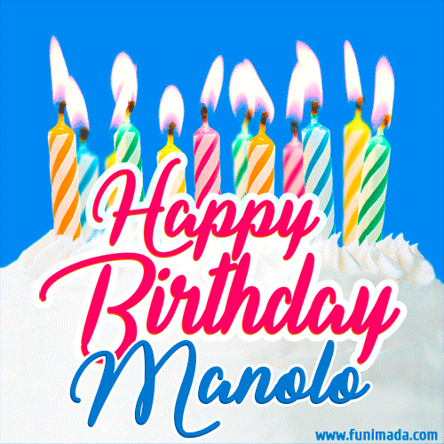 Happy Birthday GIF for Manolo with Birthday Cake and Lit Candles