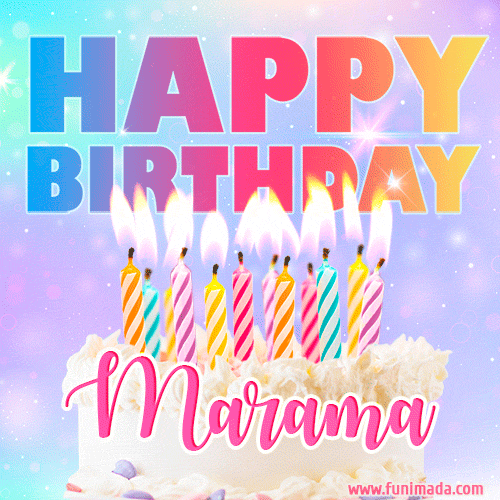 Animated Happy Birthday Cake with Name Marama and Burning Candles