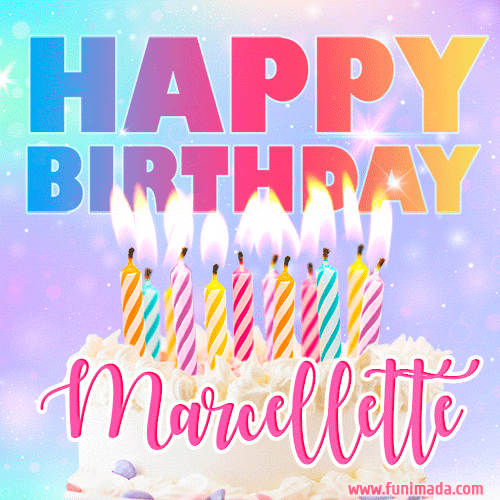 Animated Happy Birthday Cake with Name Marcellette and Burning Candles