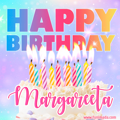 Animated Happy Birthday Cake with Name Margareeta and Burning Candles