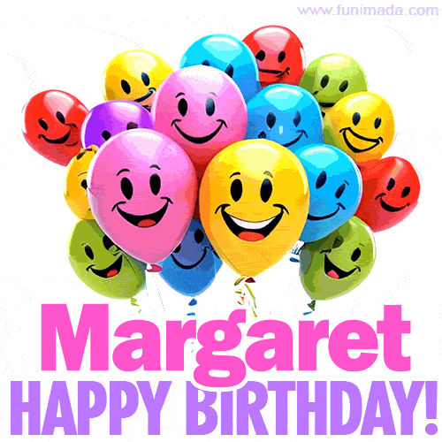 Animated colorful and joyful birthday balloons with cheerful smiles and a bright 'Happy Birthday Margaret!' message in pink and purple.
