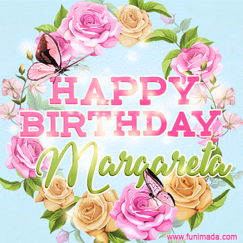 Beautiful Birthday Flowers Card for Margareta with Glitter Animated Butterflies