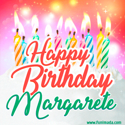 Happy Birthday GIF for Margarete with Birthday Cake and Lit Candles