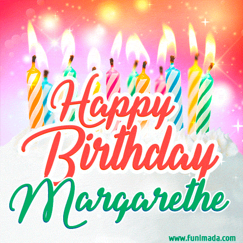 Happy Birthday GIF for Margarethe with Birthday Cake and Lit Candles