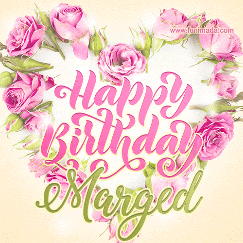 Pink rose heart shaped bouquet - Happy Birthday Card for Marged