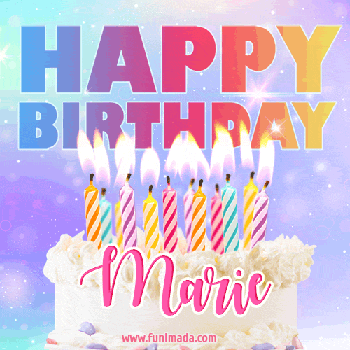 Animated Happy Birthday Cake with Name Marie and Burning Candles