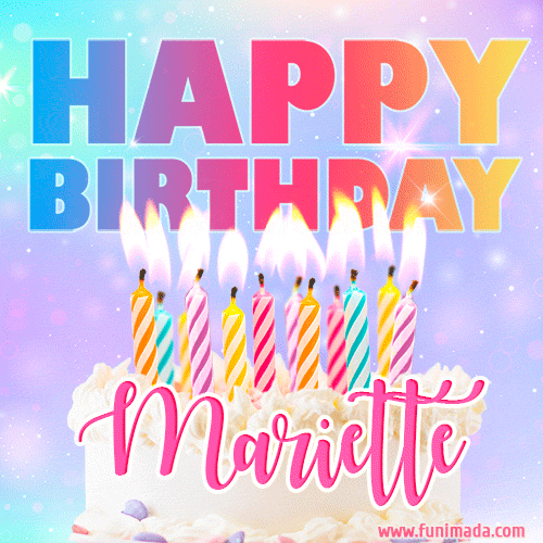 Animated Happy Birthday Cake with Name Mariette and Burning Candles