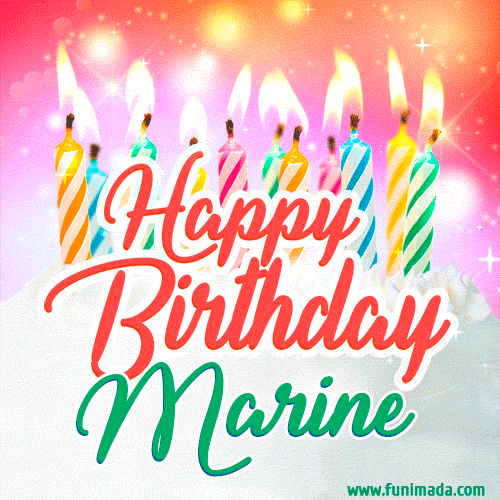 Happy Birthday GIF for Marine with Birthday Cake and Lit Candles